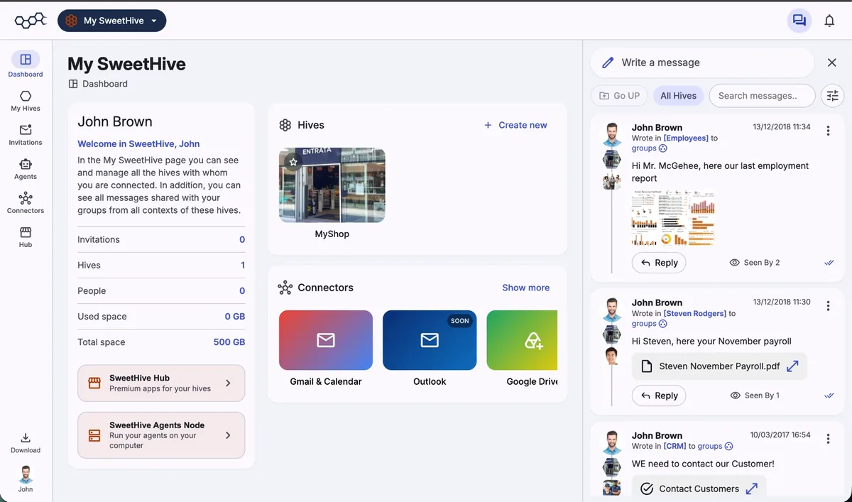 The SweetHive workspace: feed, contexts and an AI agent in one screen