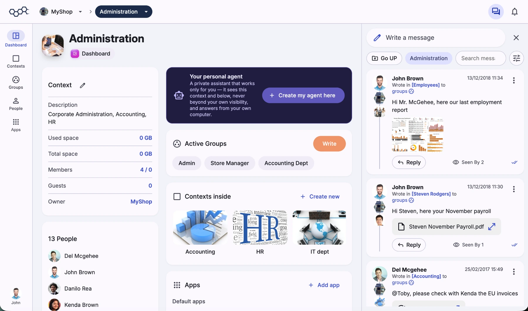 The Administration context: description, active groups, people, nested contexts and apps