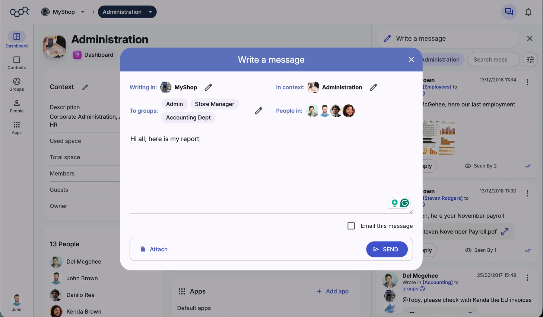 Write-a-message dialog with explicit scope fields: writing in MyShop, in context Administration, to groups, people in