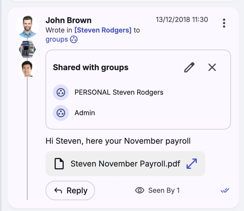 Message detail: shared with groups PERSONAL Steven Rodgers and Admin