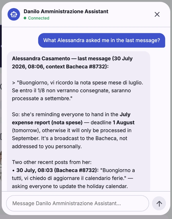 Context agent chat answering a question from the messages shared in its context