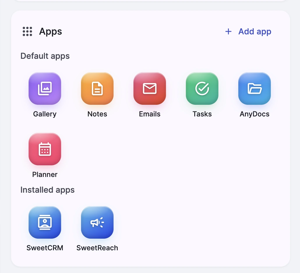 Apps panel of the context: default apps plus installed apps SweetCRM and SweetReach