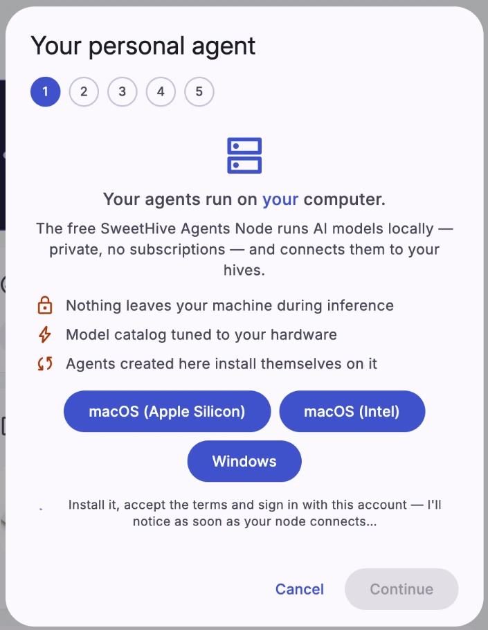 Personal agent installation dialog: your agents run on your computer, with macOS and Windows downloads