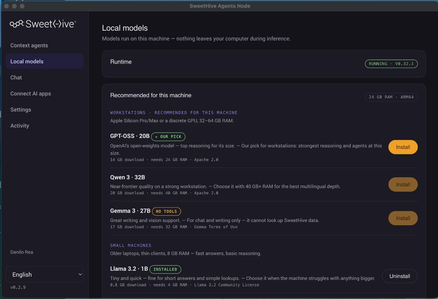 SweetHive Agents Node desktop app showing the local models catalog recommended for this machine