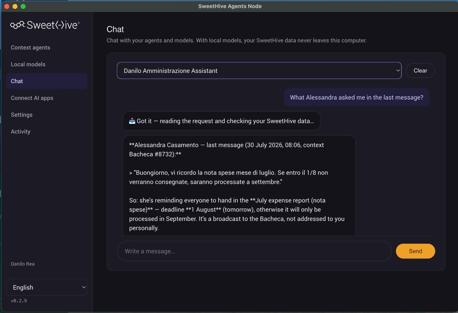 SweetHive Agents Node local chat with the context agent answering from data on this computer