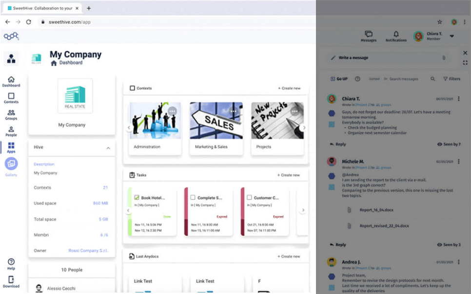 Focus dashboard di navigazione della piattaforma SweetHive